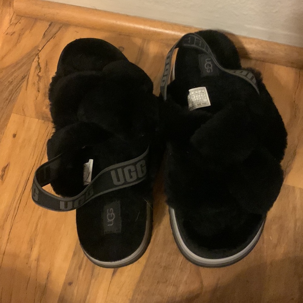Ugg Platform Fluffy Black Crossover Slide Slippers - image 2